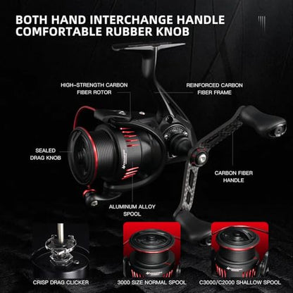 SEASIR Prospec Spinning Reels, Ultralight Smooth | Carbon Fiber, Max Drag up to 19.8LB, 5.2:1/6.2:1 Gear Ratio, Compact, 8+1 Shielded Ball Bearing, Freshwater Saltwater - style: 3000mhg/Max Drag 9kg