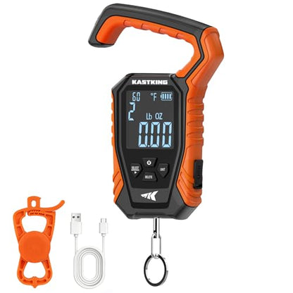 KastKing Weighmaster Mechanical-Digital Fishing Scale with Lip Gripper, 120 lb Capacity, 2.5" Backlit Display, High-Precision Sensor, 9 Weight Memory, Temperature Detection, IPX6 Waterproof - style: D: Orange Combo