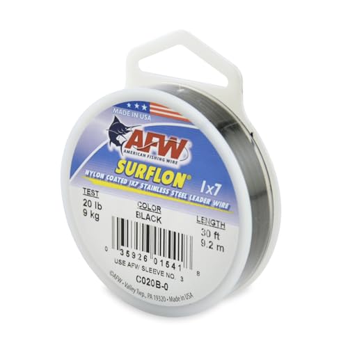 American Fishing Wire Surflon Nylon Coated 1x7 Stainless Steel Wire Leader - Wire Fishing Leader Line for Saltwater 10lb Up To 250lb Test in Bright, Black, Camo in 30ft, 100ft, 300ft, & 1000ft Lengths - color: Black, style: 30 Feet, 20 Pound Test