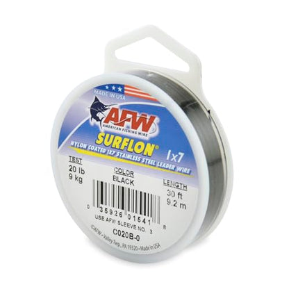 American Fishing Wire Surflon Nylon Coated 1x7 Stainless Steel Wire Leader - Wire Fishing Leader Line for Saltwater 10lb Up To 250lb Test in Bright, Black, Camo in 30ft, 100ft, 300ft, & 1000ft Lengths - color: Black, style: 30 Feet, 20 Pound Test
