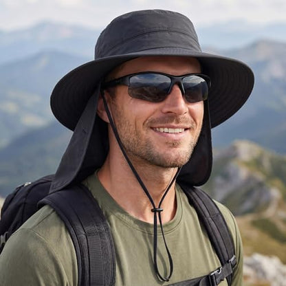Connectyle Wide Brim Sun Hat for Men Women UPF 50+ Breathable Fishing Hat with Neck Flap Outdoor Hiking Safari Bucket Hats - color: Black