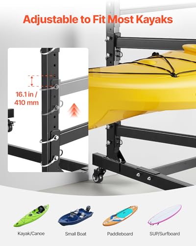 VEVOR Kayak Storage Rack, Heavy Duty Adjustable Freestanding Stand with Lockable Wheels for Indoor Outdoor Garage Shed Dock, Holder for Canoe, SUP, Surfboard & Paddleboard - style: Stand-3 Kayaks-black
