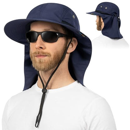 SUN CUBE UPF50+ Sun Hat for Men Women with Neck Flap, Wide Brim UV Protection Fishing Safari Hat for Hiking Beach Gardening - color: Navy