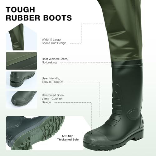 Lekesky Fly Fishing Chest Waders with Boots for Men Women, US Sizes 5–14,2-Ply Nylon/Pvc Waterproof Waders - color: Green, size: M9/W11