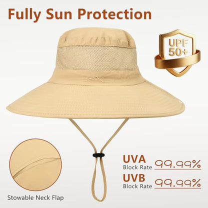 ZOORON Sun Hats for Men Women Fishing Hat with Neck Flap,UPF 50+ Sun Hat Waterproof Wide Brim Bucket Hats for Safari Hiking - color: 1-khaki(neck Flap)