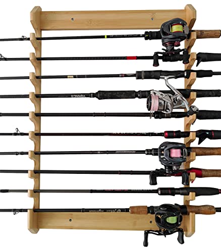 Wall Mount Fishing Rod Rack, Wooden Fishing Pole Holder, Heavy Duty Fishing Rod Storage Organizer for Garage Home Wall, Space Saving Fishing Gear Display Rack