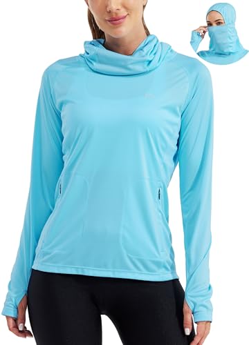 Willit Women's UPF 50+ Sun Protection Hoodie - Breathable Mesh Face Cover & Cooling Fishing Shirt with Pockets - color: Blue, size: Small