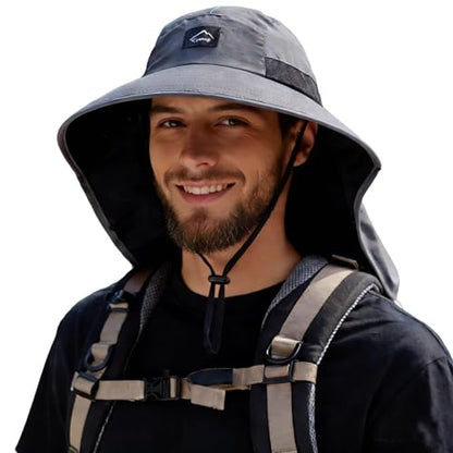 HUAMULAN Men Summer Sun Hat Women Safari Wide Brim Fishing Hats UV Protection Neck Flap Bucket Gardening Hiking Hunting Cap - color: Darkgray With Black Mesh