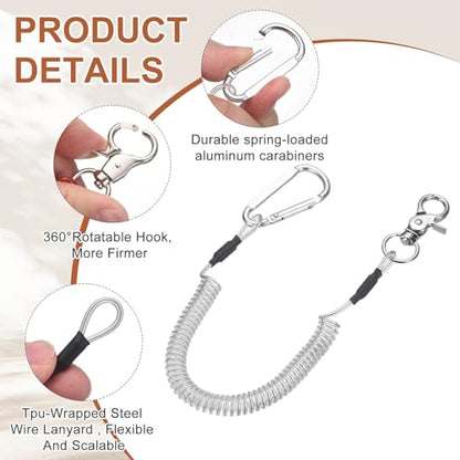 PATIKIL Fishing Lanyard, (39.37" Length, Silver) (3Pcs), Retractable Coiled Tether Anti-Lost Rope Coiled with Carabiners and 360° Rotatable Hook, Suit for - Fishing/Hunting/Hiking/Boating - color: Silver, size: 39.37"