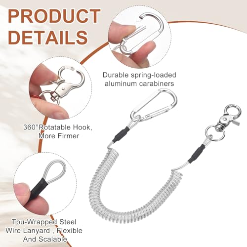 PATIKIL Fishing Lanyard, (59.06" Length, Silver) (3Pcs), Retractable Coiled Tether Anti-Lost Rope Coiled with Carabiners and 360° Rotatable Hook, Suit for - Fishing/Hunting/Hiking/Boating - color: Silver, size: 59.06"