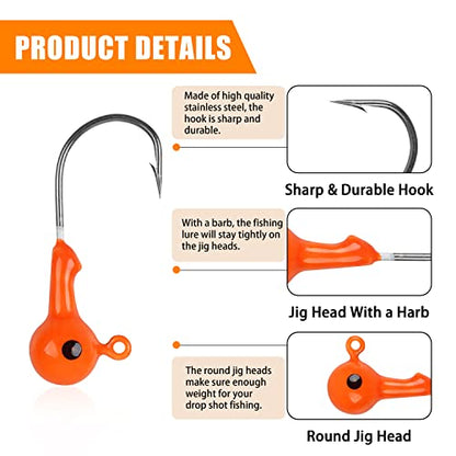 Fishing Jig Head Hooks Kit, Round Ball Crappie Jig Heads Lures Assorted Painted Fishing Lures Jig Heads for Walleye Bass Saltwater Freshwater Fishing 50/69/70pcs - style: 69pcs Kit