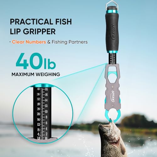 11.5" Fish Lip Gripper with Scale, Max 40lbs Scale, 360° Swivel Non-Slip Handle, Fish Grabber Control Tool for Safe, Hook Removal, Easy Catch & Release, Fishing Gifts for Men Women - color: Light Blue