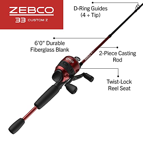 Zebco 33 Custom-Z Spincast Reel and 2-Piece Fishing Rod Combo, 6-Foot Fiberglass Rod with Split-Grip EVA Handle, Quickset Anti-Reverse Fishing Reel with Bite Alert