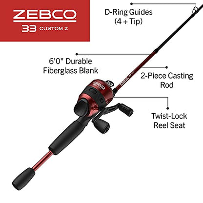 Zebco 33 Custom-Z Spincast Reel and 2-Piece Fishing Rod Combo, 6-Foot Fiberglass Rod with Split-Grip EVA Handle, Quickset Anti-Reverse Fishing Reel with Bite Alert