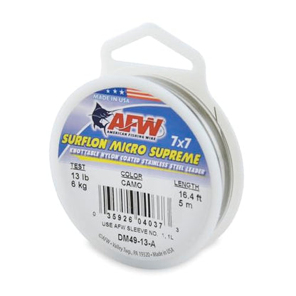 American Fishing Wire Surflon Micro Supreme Nylon Coated 7x7 Stainless Steel Leader Wire - Knottable Wire Leaders for Fishing Saltwater, Fly Fishing, 13lb Test - 90lb Test, Bright, Black & Camo Colors - color: Camo, style: 5 Meter, 13 Pound Test