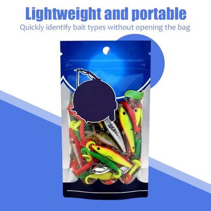 MiOYOOW Plastic Fishing Bait Bag, 50PCS Clear Lure Packaging Bags Reusable Soft Bait Storage Organizer with Self-Sealing Opening for Lures Baits Hooks Swivels Spoons