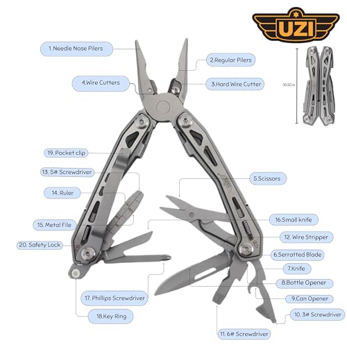 UZI Multifunctional 20-in-1 Multitool with Scissors, Glass Screwdriver, Wire Stripped, Bottle Opener, & More | Multi Tool Pocket Knife for Camping, Fishing, Hunting | Hiking Essentials | EDC Tools
