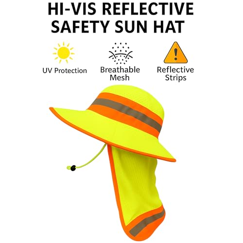 Men High Visibility Reflective Work Safety Sun Hat with Neck Flap Wide Brim Boonie UV Protection - color: 2pcs Neon Lime