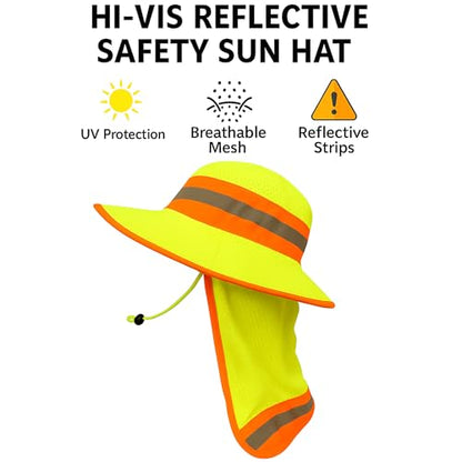 Men High Visibility Reflective Work Safety Sun Hat with Neck Flap Wide Brim Boonie UV Protection - color: 2pcs Neon Lime