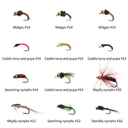 BASSDASH Fly Fishing Flies Kit Fly Assortment Trout Bass Fishing with Fly Box with Dry/Wet Flies, Nymphs, Streamers, Popper - style: 96 Pcs Nymphs Kit