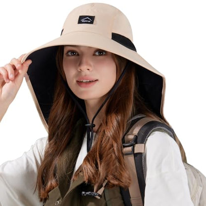 HUAMULAN Men Summer Sun Hat Women Safari Wide Brim Fishing Hats UV Protection Neck Flap Bucket Gardening Hiking Hunting Cap - color: Beige With Black Mesh