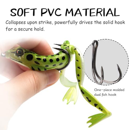 Weedless Topwater Frog Lures - 5PCS Hollow Body Frog Lures for Walleye Fishing, Realistic Soft Plastic Swimbaits with Double Hooks for Freshwater Saltwater, Musky Pike Trout Snakehead