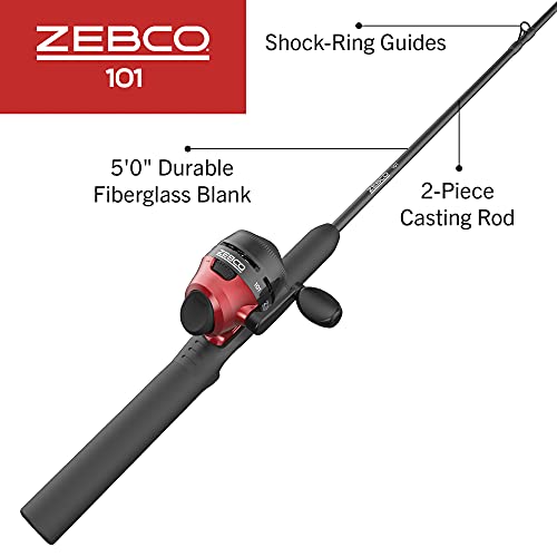 Zebco 101 Spincast Reel and Fishing Rod Combo, 5-Foot 2-Piece Fiberglass Fishing Pole with EVA Handle, Size 20 Reel, Quickset Anti-Reverse Fishing Reel, Right-Hand Retrieve, Black/Red