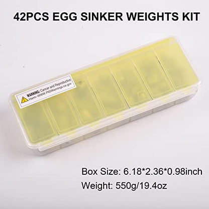 Fishing Egg Sinker Weights Kit, 42pcs Saltwater Fishing Weights Assortment Oval Drop Bass Casting Worm Weights Tackle for Saltwater Freshwater Fishing