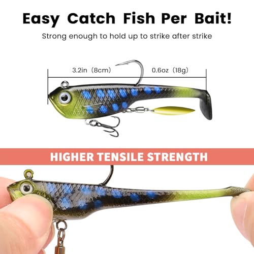 TRUSCEND Shadtale Easy Catch Soft Fishing Lures with BKK Hooks - Trembly Sinking and Vibrating Swim for More Bites, Pre-Rigged Swimbaits for Bass, Trout, Crappie, Walleye, Freshwater Saltwater Fishing - color: C1-3.2"-0.6oz