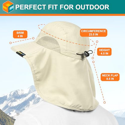 SUN CUBE Wide Brim Sun Hat with Neck Flap for Men Women, UPF50+ Fishing - color: Beige