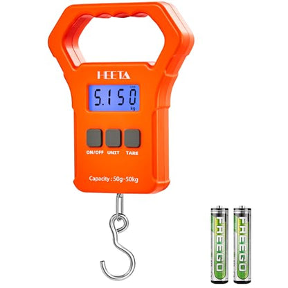 HEETA Fish Scale 110lb/50kg Digital Hanging Fishing Luggage Weight Scale | Portable with Backlit LCD Display, Hook & Non-Slip Large ABS Handle, Fishing Gifts Gear for Men, 2 AAA Batteries Included - color: Orange