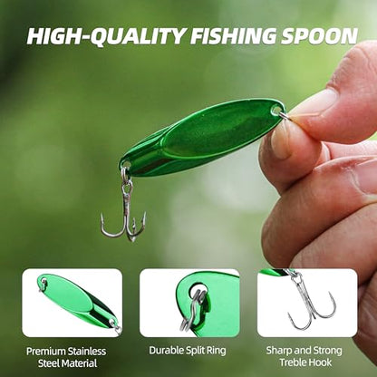 Slant Cut Spoon 8PCS – Metal Fishing Baits with High-Reflective Blades for Bass, Trout, Pike, Walleye – Sharp Treble Hooks for Freshwater & Saltwater, Long Casting, Lake & River Fishing - size: 3/16oz