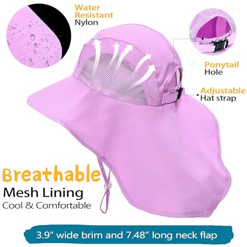 Rosoz Kids Sun Hat with Neck Flap UV Protection Summer Toddler Beach Hat Unisex Ponytail Hat Wide Brim Fishing Hat - color: 2pack-purple+l Grey