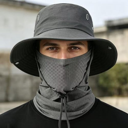 Fishing Hat with Summer Breathable Neck Gaiter, Wide Brim Sun Hat for Men & Women, Outdoor UV Sun Protection Hat & Face Mask - color: Dark Grey
