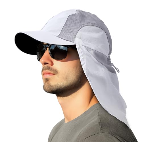 Mens Sun Hat with Breathable Mesh Sun Hats for Men Sun Protection Fishing Hat with Neck Flap for Hiking Cycling - color: White