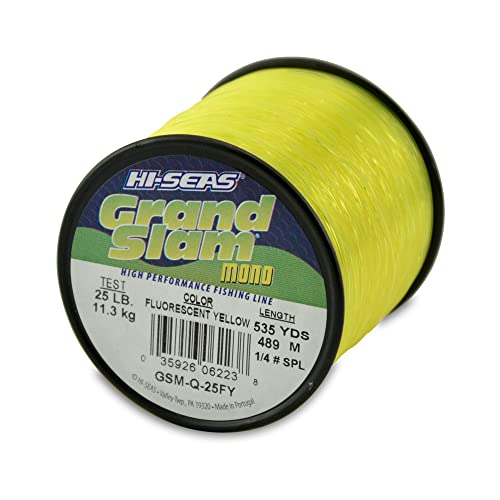 HI-SEAS Grand Slam Monofilament Fishing Line - Strong & Abrasion Resistant in Clear, Pink, Green, Smoke Blue, Fluorescent Yellow Freshwater & Saltwater – Quarter Pound Spool - color: Flourescent Yellow, style: 25 Lb Test, 0.50 Mm Dia, 535 Yd