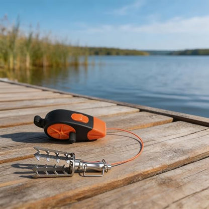 Stainless Steel Fishing Lure Retriever with 30M PE Line Bait Rescue Tool for Snagged Hooks Serrated Grabber with Quick Release Loop Wear-Resistant Wire Storage