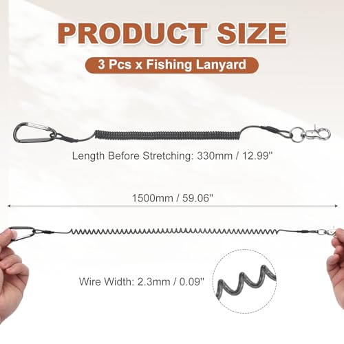 PATIKIL Fishing Lanyard, (59.06" Length, Black) (3Pcs), Retractable Coiled Tether Anti-Lost Rope Coiled with Carabiners and 360° Rotatable Hook, Suit for - Fishing/Hunting/Hiking/Boating - color: Black, size: 59.06"