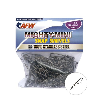 American Fishing Wire Fishing Swivels - Mighty Mini 100% Stainless Steel Snap Crane Swivels, 3X Stronger Than Brass, For Terminal Tackle Box, Up to 600lb Test - Fishing Gear for Fishing Line Leaders - style: #5, 120 Lb, 50 Pc