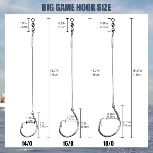 2 Pack Pre-Tied Shark Fishing Hook Rigs Heavy Duty Stainless Leader Wire and Big Game Circle Hooks 14/0 16/0 18/0 Ideal for Deep Sea Fishing Shark Tuna Halibut - size: 14/0 - 2 PCS