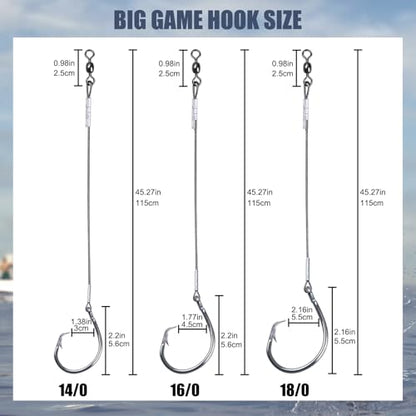 2 Pack Pre-Tied Shark Fishing Hook Rigs Heavy Duty Stainless Leader Wire and Big Game Circle Hooks 14/0 16/0 18/0 Ideal for Deep Sea Fishing Shark Tuna Halibut - size: 14/0 - 2 PCS