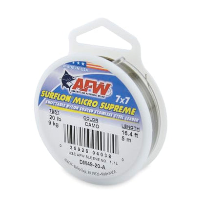 American Fishing Wire Surflon Micro Supreme Nylon Coated 7x7 Stainless Steel Leader Wire - Knottable Wire Leaders for Fishing Saltwater, Fly Fishing, 13lb Test - 90lb Test, Bright, Black & Camo Colors - color: Camo, style: 5 Meter, 20 Pound Test