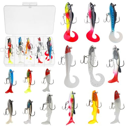 15PCS Lifelike Paddle Tail Swimbaits with Jig Heads, Pre-Rigged Soft Plastic Bass Fishing Lures Set, 6 Styles Trolling Baits for Freshwater & Saltwater, Includes Tackle Box