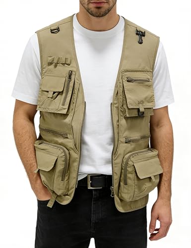 Men's Lightweight Mesh Fishing Vest Utility Outdoor Multi-Pocket Hunting Cargo Vest - color: Khaki, size: 3X-Large