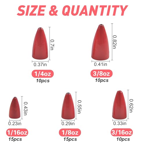 Bullet Fishing Sinkers Bass Fishing Weights Kit, 60pcs Worm Fishing Slip Weights Painted Pitching Flipping Weight Worm Weights for Bass Fishing Texas Rig Carolina Rig - style: Red-60pcs