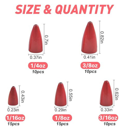 Bullet Fishing Sinkers Bass Fishing Weights Kit, 60pcs Worm Fishing Slip Weights Painted Pitching Flipping Weight Worm Weights for Bass Fishing Texas Rig Carolina Rig - style: Red-60pcs