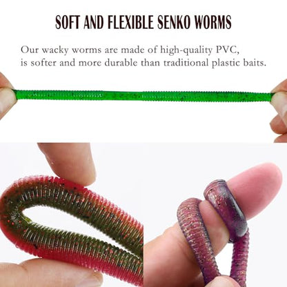 Senko Bait Soft Plastic Lures 20pcs - 4inch Wacky Rig Worms for Bass Fishing, 5-Color Mix Soft Stick Baits for Wacky & Carolina Rig Fishing