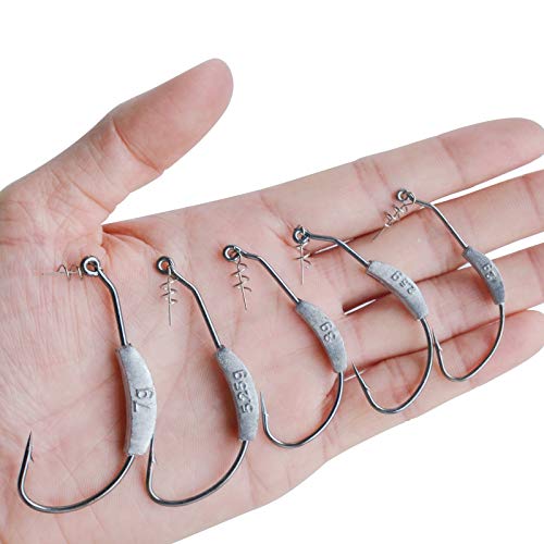 25 Pcs/Box Weighted Swimbait Hooks, Weighted Fishing Hooks Saltwater Worm Weedless Hooks for Bass Fishing Mixed 5 Size 1/0 2/0 3/0 4/0 5/0