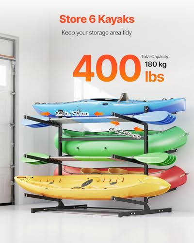 VEVOR Kayak Storage Rack, Heavy Duty Adjustable Freestanding Stand with Lockable Wheels for Indoor Outdoor Garage Shed Dock, Holder for Canoe, SUP, Surfboard & Paddleboard - style: Stand-6 Kayaks-black