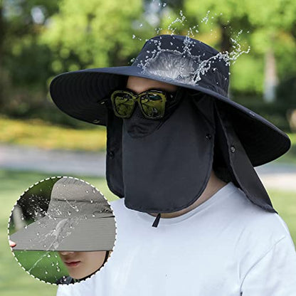Women Wide Brim Face Mask Sun Hat Detachable Neck Face Flap Ponytail UV Protection Visor Hat Garden Fishing Hiking - color: Hyp008-black